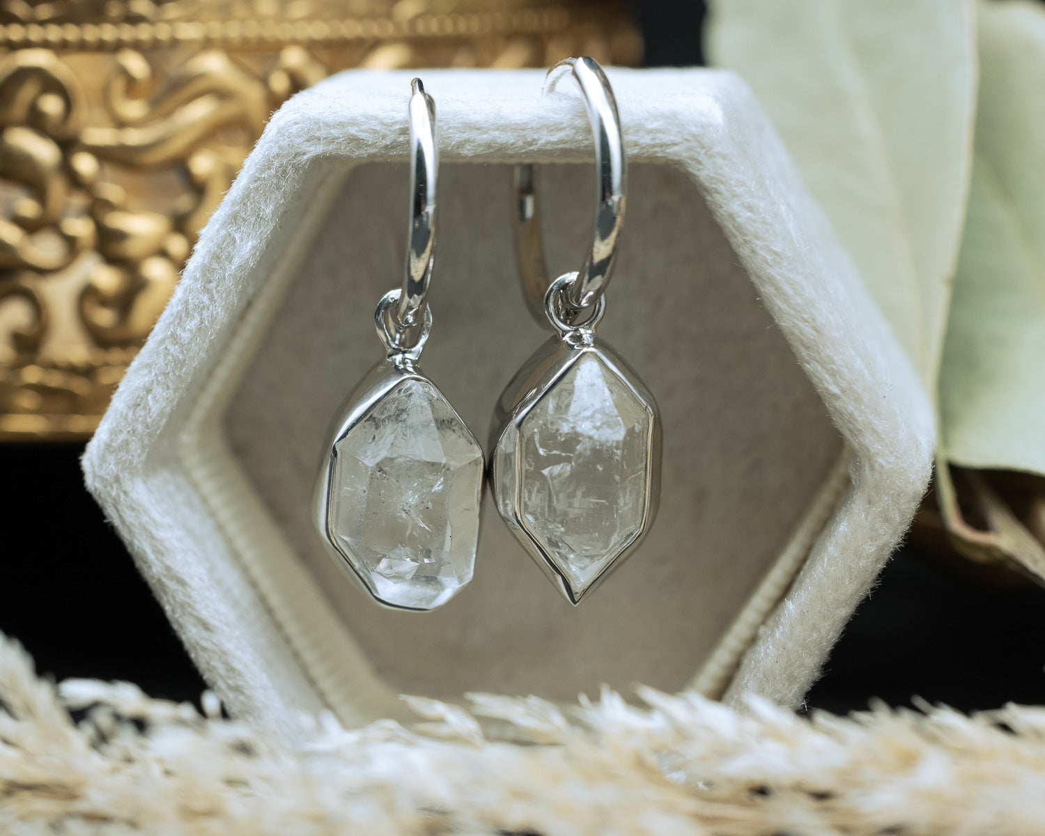 Product photo of Rhodium Plated Herkimer Diamond Quartz Earrings with a 925 Sterling Silver base