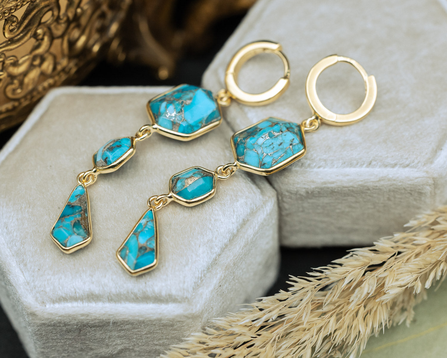 Product photo of 18K Gold Vermeil Turquoise Dangle Earrings with a 925 Sterling Silver base 