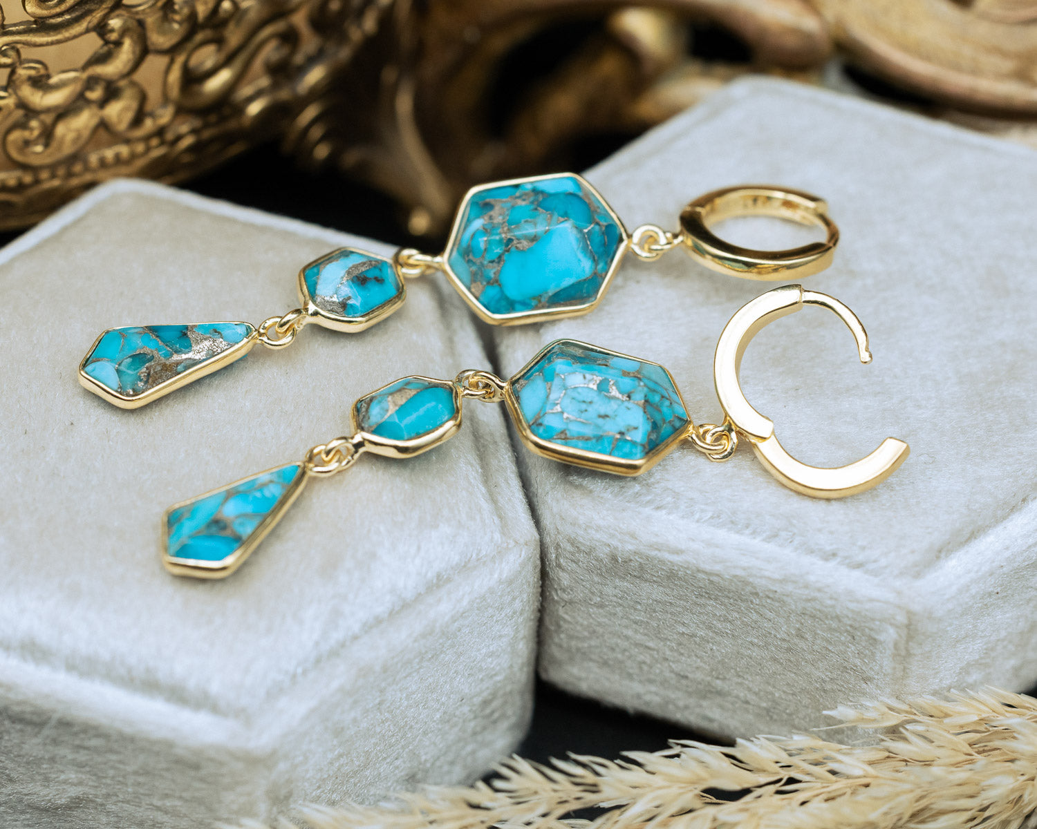 Product photo of 18K Gold Vermeil Turquoise Dangle Earrings with a 925 Sterling Silver base 