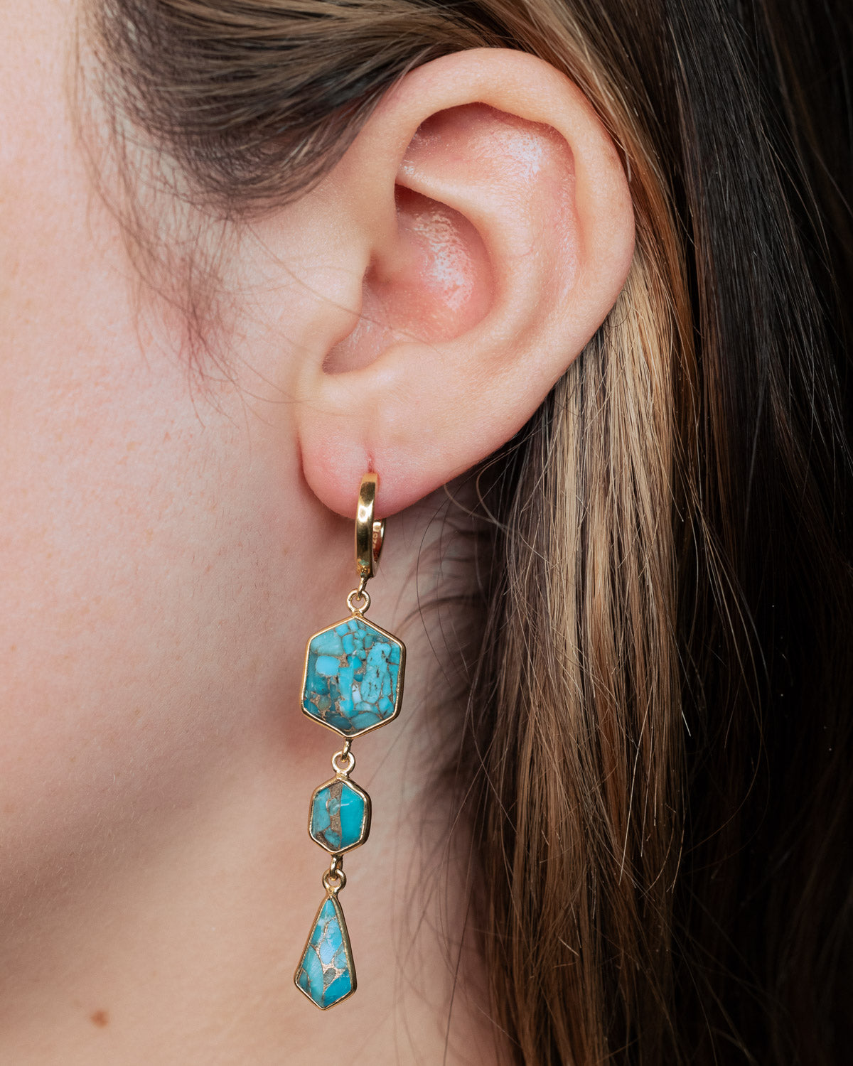 In ear photo of 18K Gold Vermeil Turquoise Dangle Earrings with a 925 Sterling Silver base 