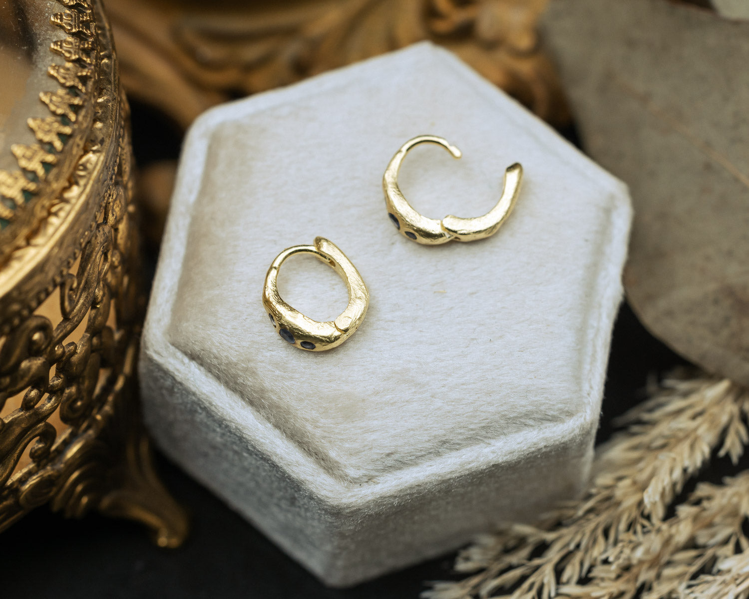 DECO COLLECTION - 18K GOLD VERMEIL HOOP EARRINGS WITH IOLITE ACCENTS - BY JORGE REVILLA-Staghead Designs