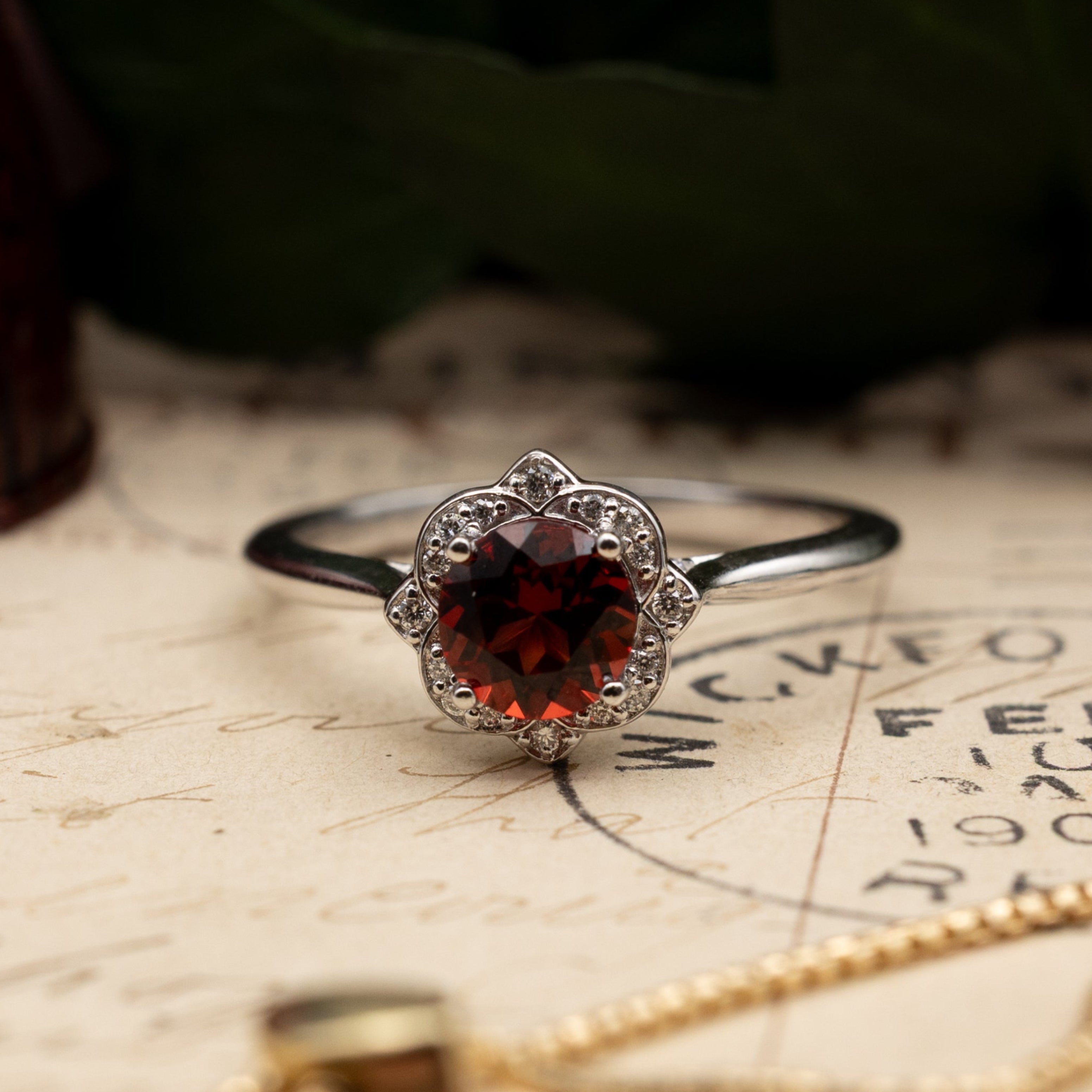 "Jane" - Round Cut Mozambique Garnet Engagement Ring With Diamond Accents - 14K White Gold - Size 7-Staghead Designs