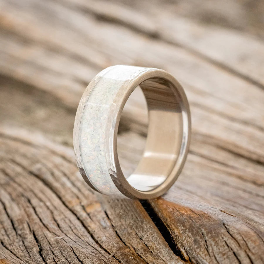 "KALDER" - CRUSHED FIRE & ICE OPAL WEDDING RING WITH A HAMMERED FINISH - BLACK ZIRCONIUM - SIZE 9 1/2-Staghead Designs