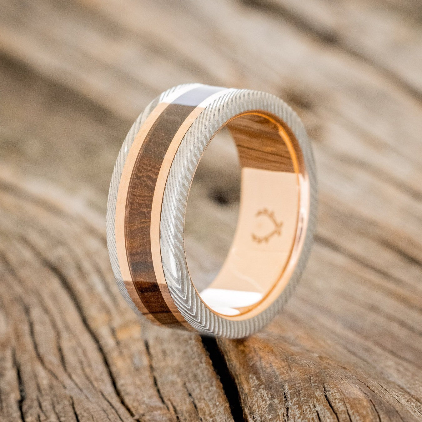 "KALDER" - IRONWOOD & 14K GOLD INLAYS WEDDING RING FEATURING A DAMASCUS STEEL OVERLAY 14K GOLD BAND-1