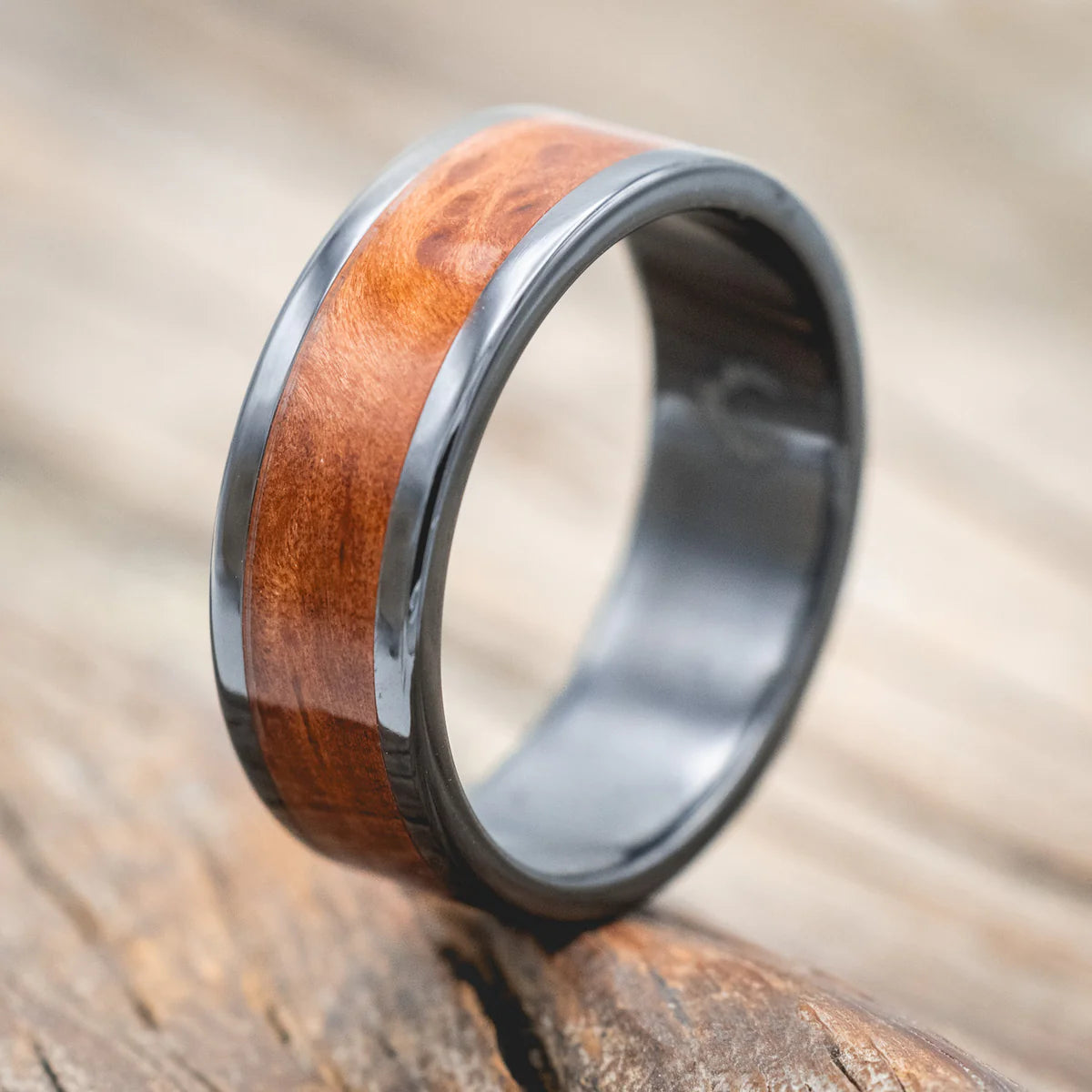 "Kalder" - Redwood Wedding Ring - Black Zirconium (8mm) - Size 9 1/2