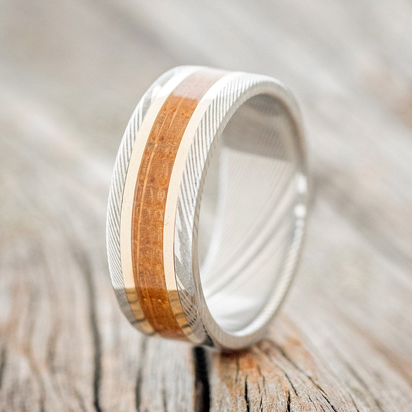 "KALDER" - WHISKEY BARREL OAK & 14K GOLD INLAYS WEDDING RING-1