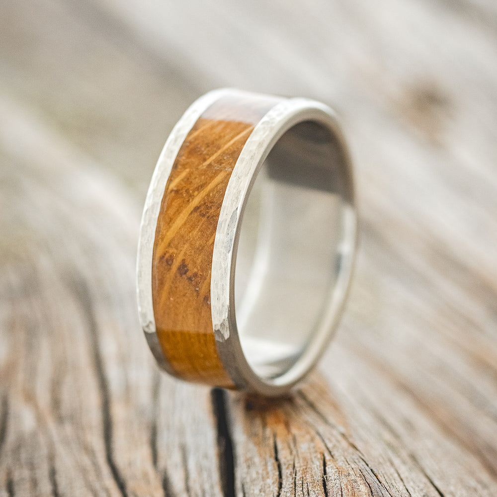 "KALDER" - WHISKEY BARREL OAK WEDDING BAND WITH HAMMERED FINISH - READY TO SHIP-1