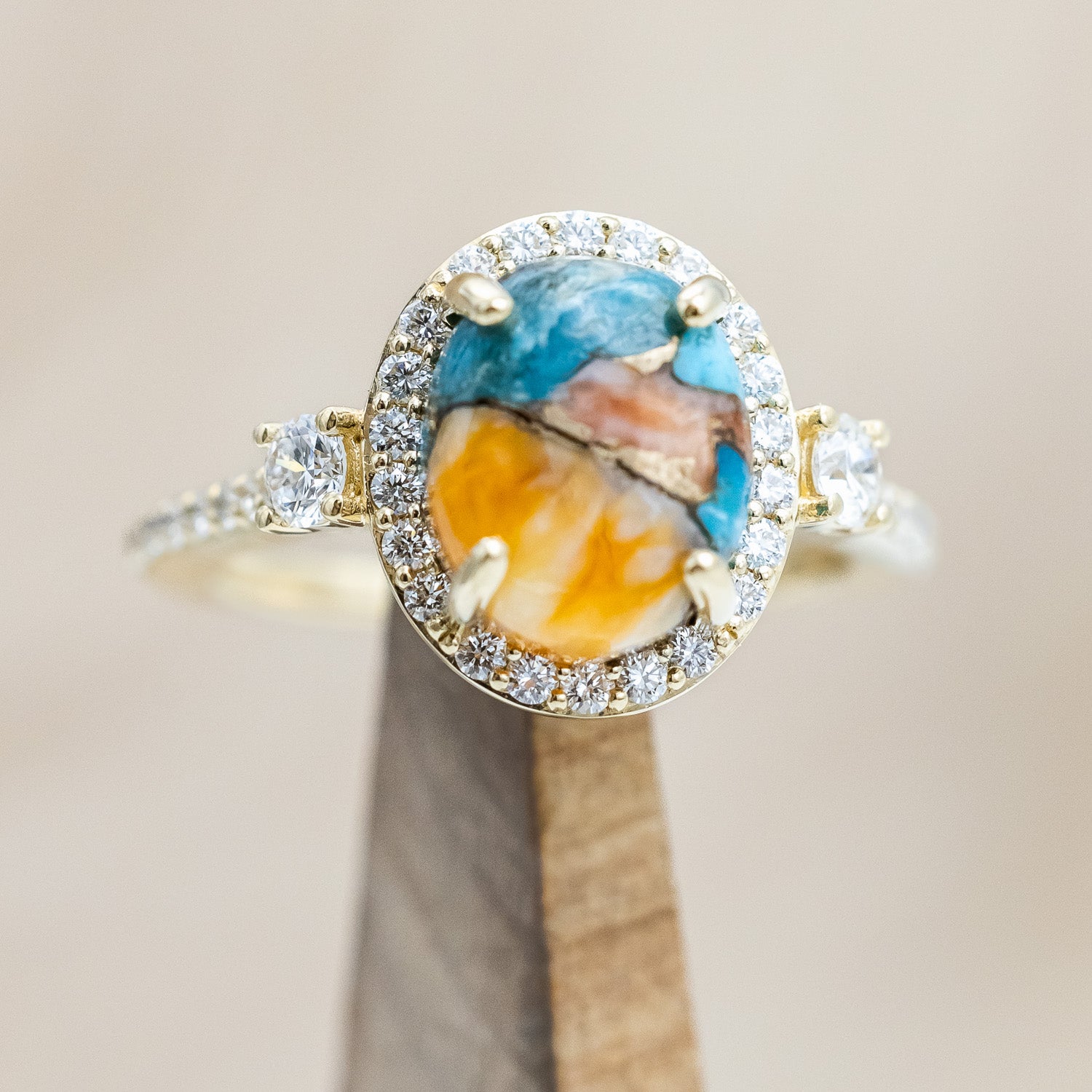 "KB" - OVAL SPINY OYSTER TURQUOISE ENGAGEMENT RING WITH DIAMOND HALO & ACCENTS-Staghead Designs