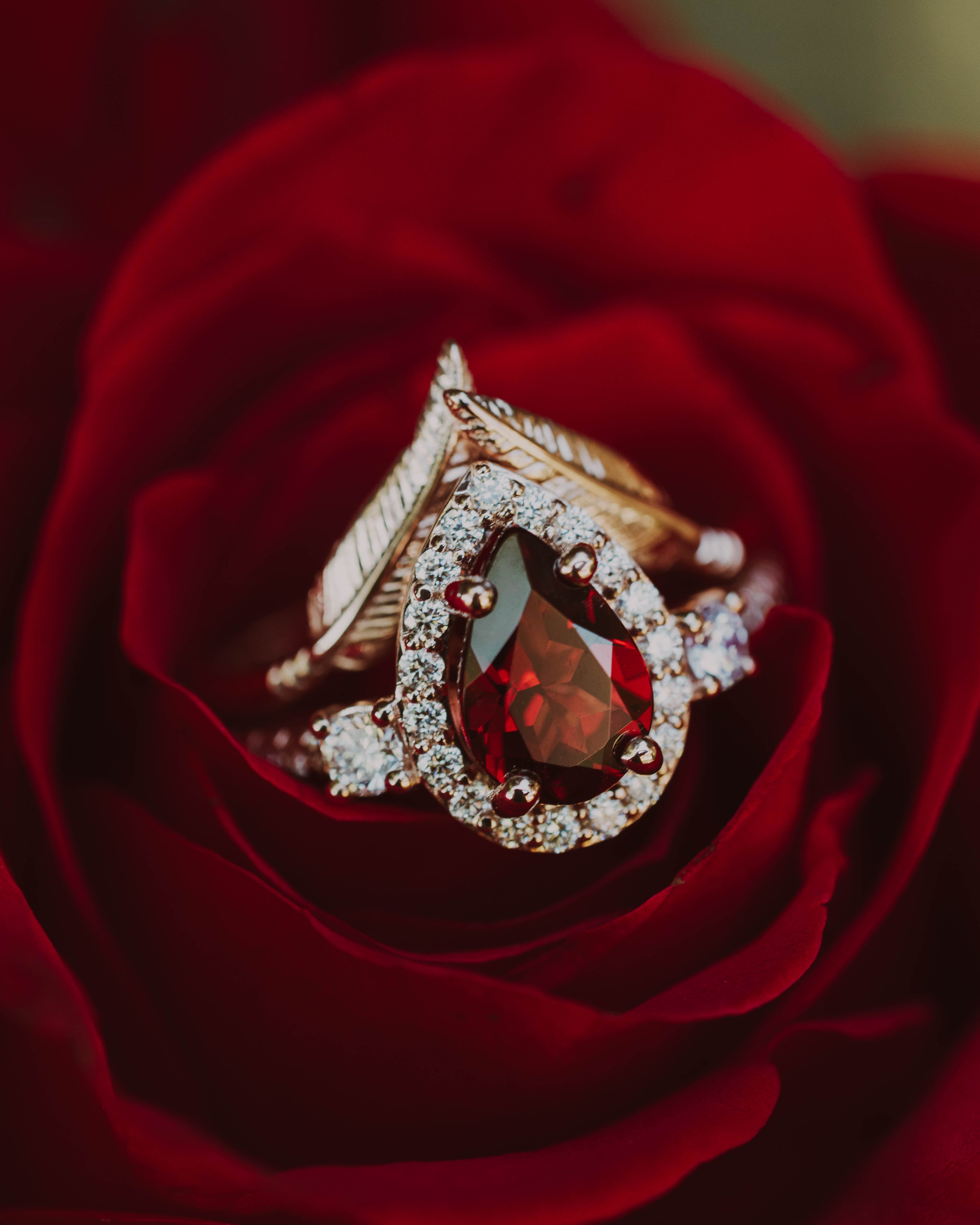 "KB" - PEAR CUT MOZAMBIQUE GARNET ENGAGEMENT RING WITH "FALA" TRACER-Staghead Designs