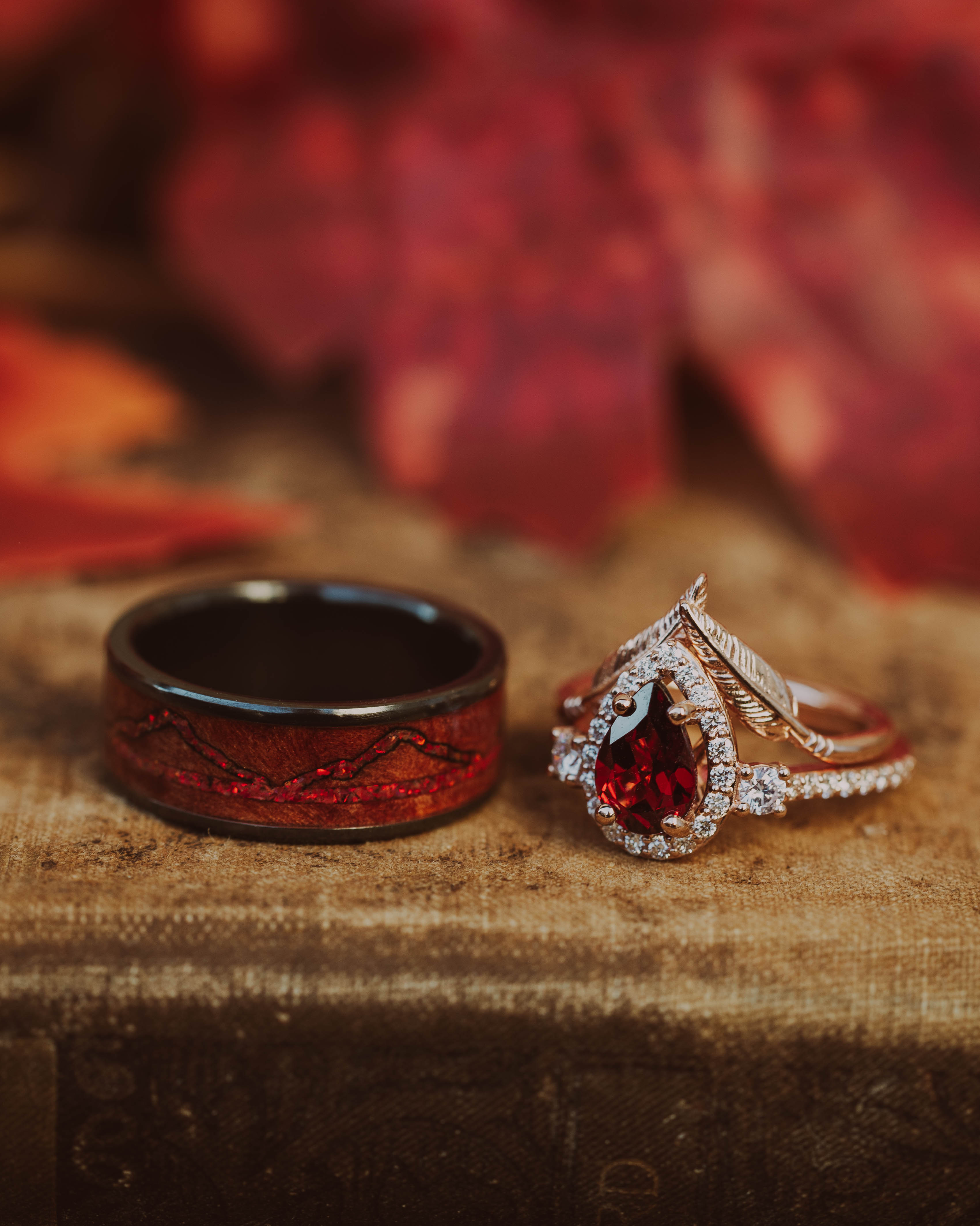 "KB" - PEAR CUT MOZAMBIQUE GARNET ENGAGEMENT RING WITH "FALA" TRACER-Staghead Designs