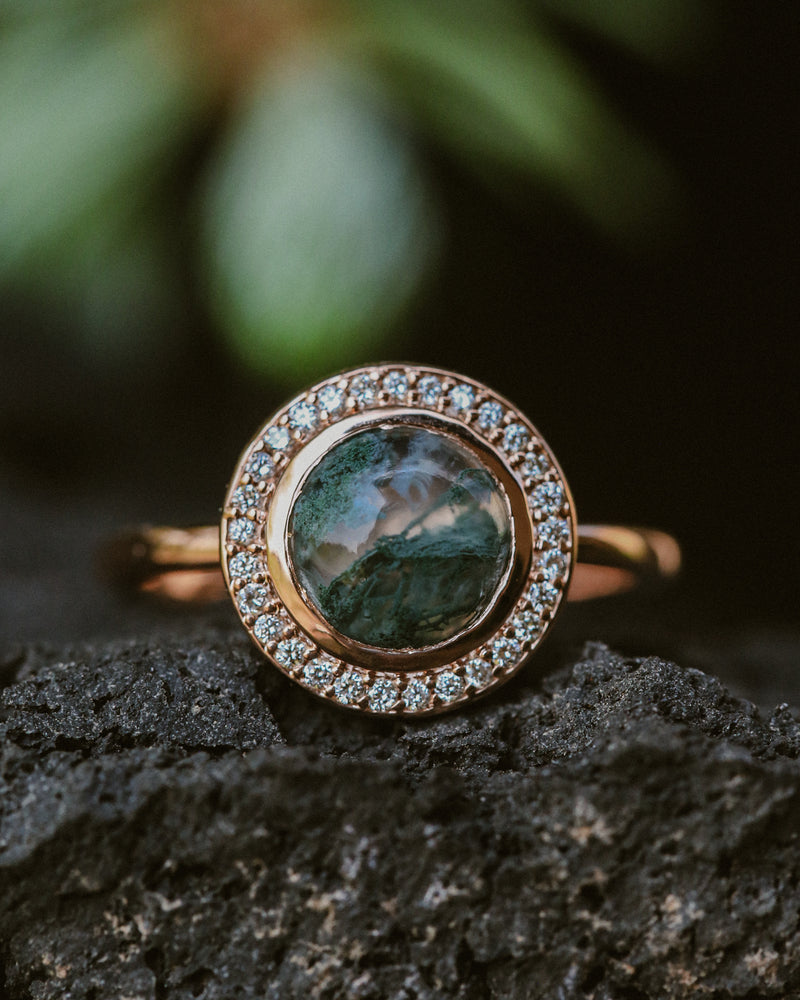 "TERRA" - ROUND CUT MOSS AGATE ENGAGEMENT RING WITH DIAMOND HALO