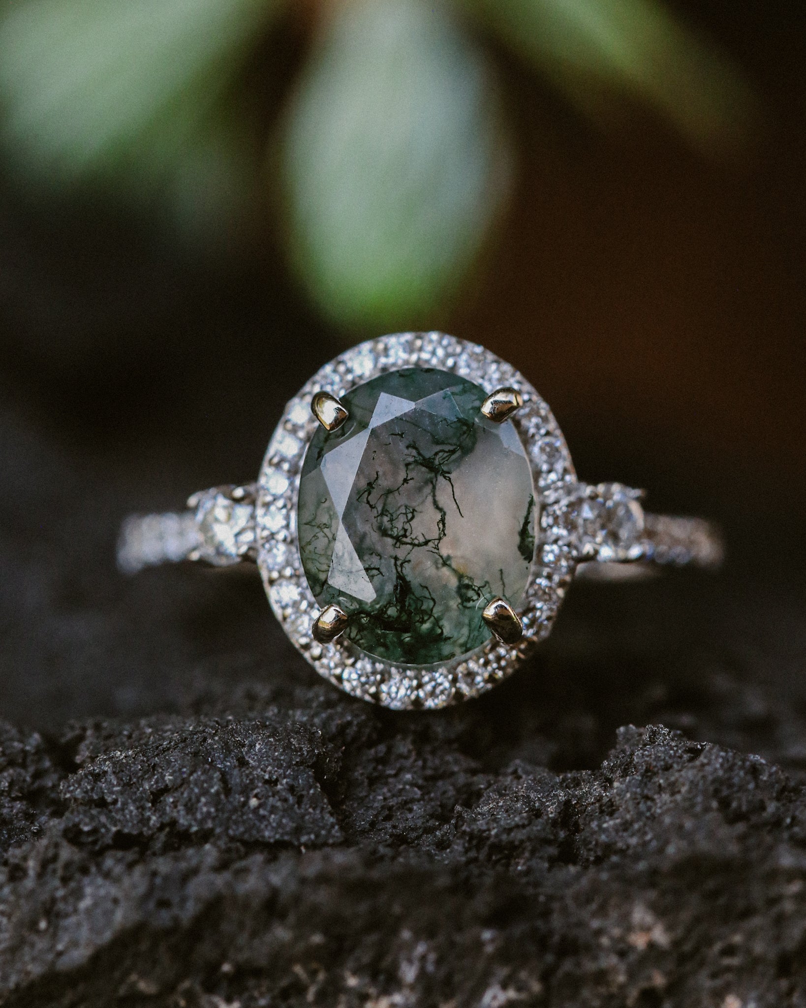 "KB" - OVAL MOSS AGATE ENGAGEMENT RING WITH DIAMOND HALO & ACCENTS-7