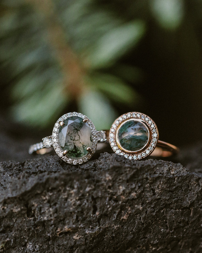 "KB" - OVAL MOSS AGATE ENGAGEMENT RING WITH DIAMOND HALO & ACCENTS