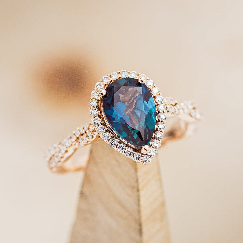 "KINLEY" - PEAR-SHAPED LAB-GROWN ALEXANDRITE ENGAGEMENT RING WITH DIAMOND HALO & ACCENTS-1