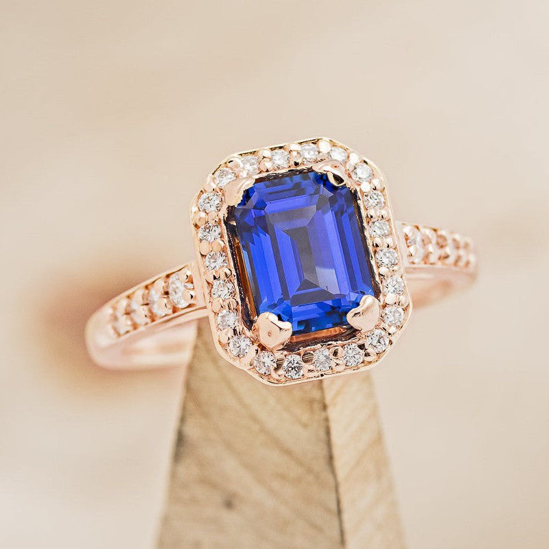 "KARLA" - EMERALD CUT ENGAGEMENT RING WITH DIAMOND HALO & ACCENTS-Staghead Designs