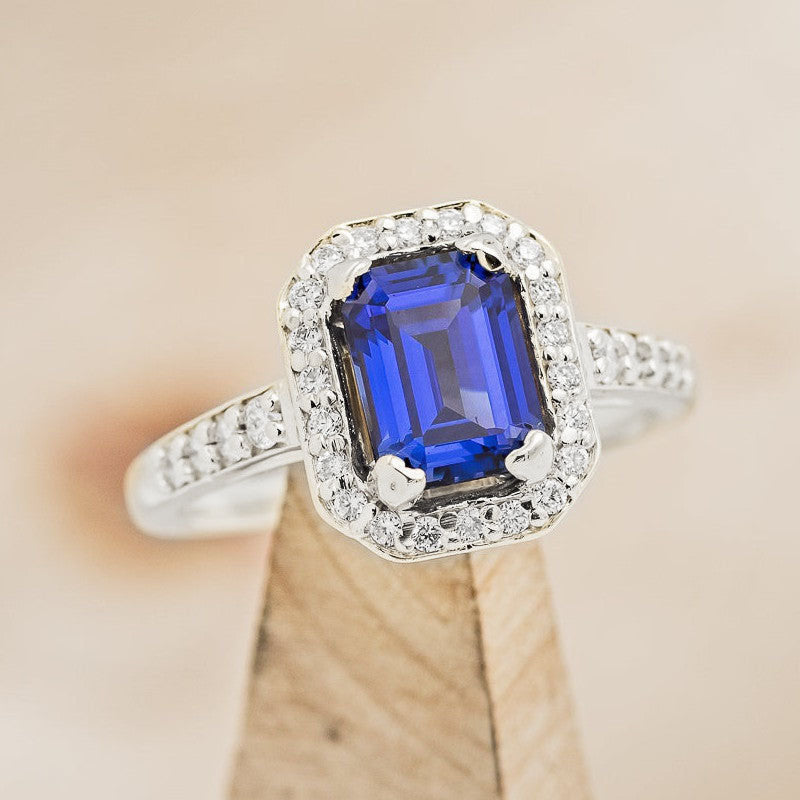 "KARLA" - EMERALD CUT ENGAGEMENT RING WITH DIAMOND HALO & ACCENTS-Staghead Designs