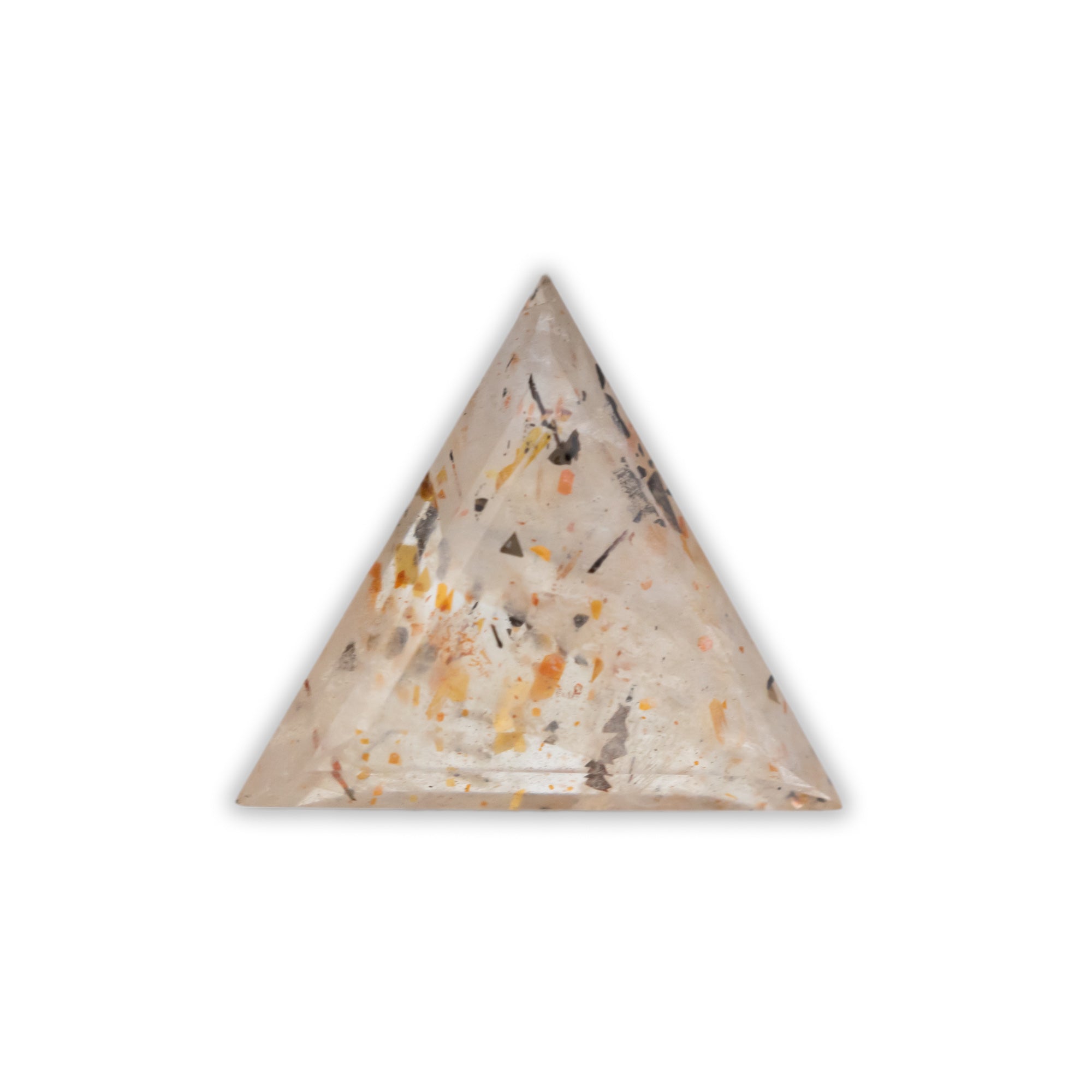 Triangle shaped rainbow lattice sunstone on a white background