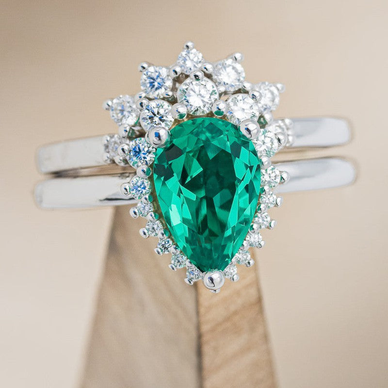 "LAVERNA" - PEAR-SHAPED LAB-GROWN EMERALD ENGAGEMENT RING WITH DIAMOND HALO-1