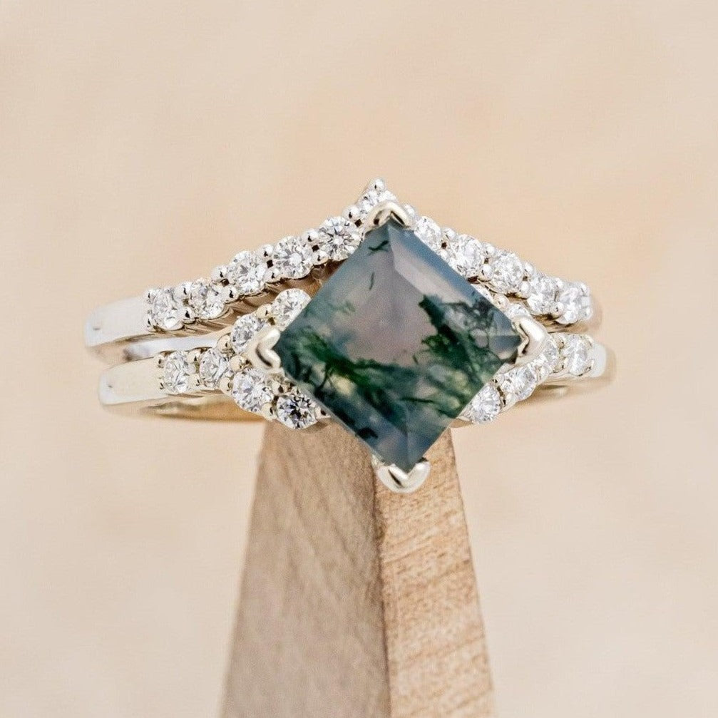 "LAYLA" - PRINCESS CUT MOSS AGATE ENGAGEMENT RING WITH DIAMOND ACCENTS & TRACER-1