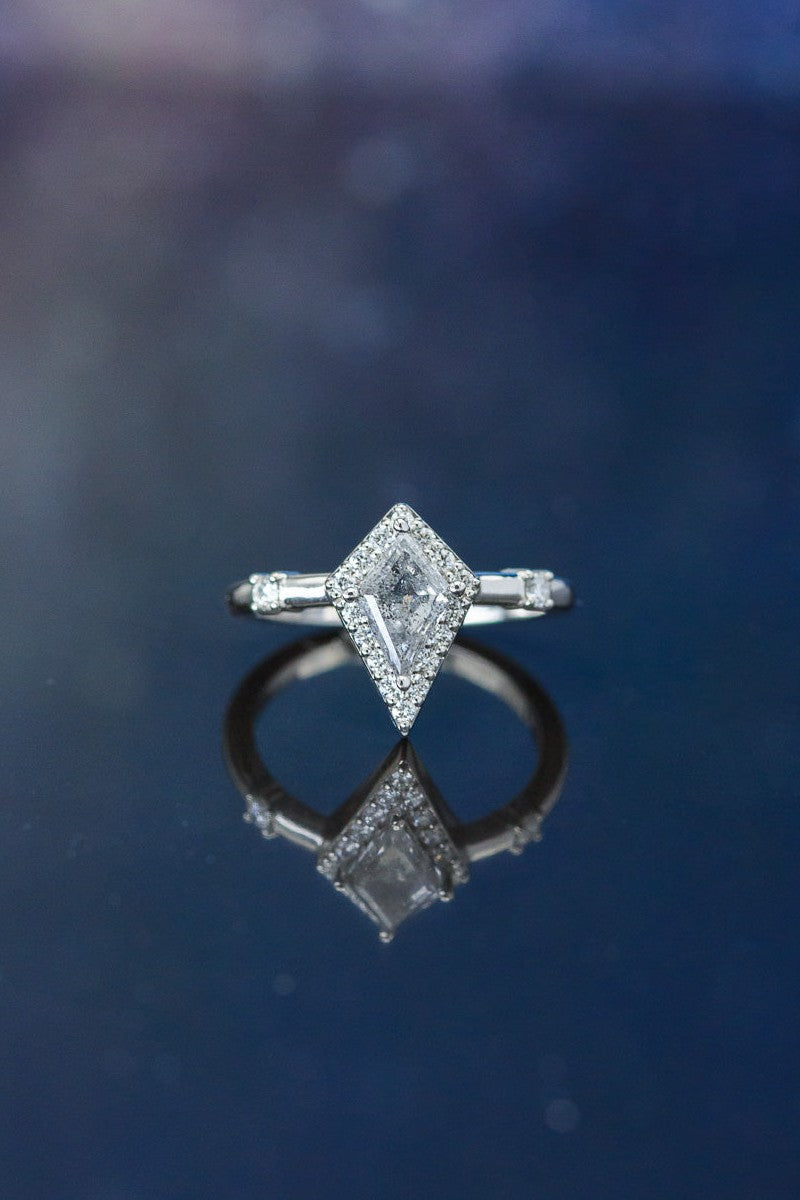 "LEIJA" - KITE CUT SALT & PEPPER ENGAGEMENT RING WITH DIAMOND HALO & ACCENTS-1
