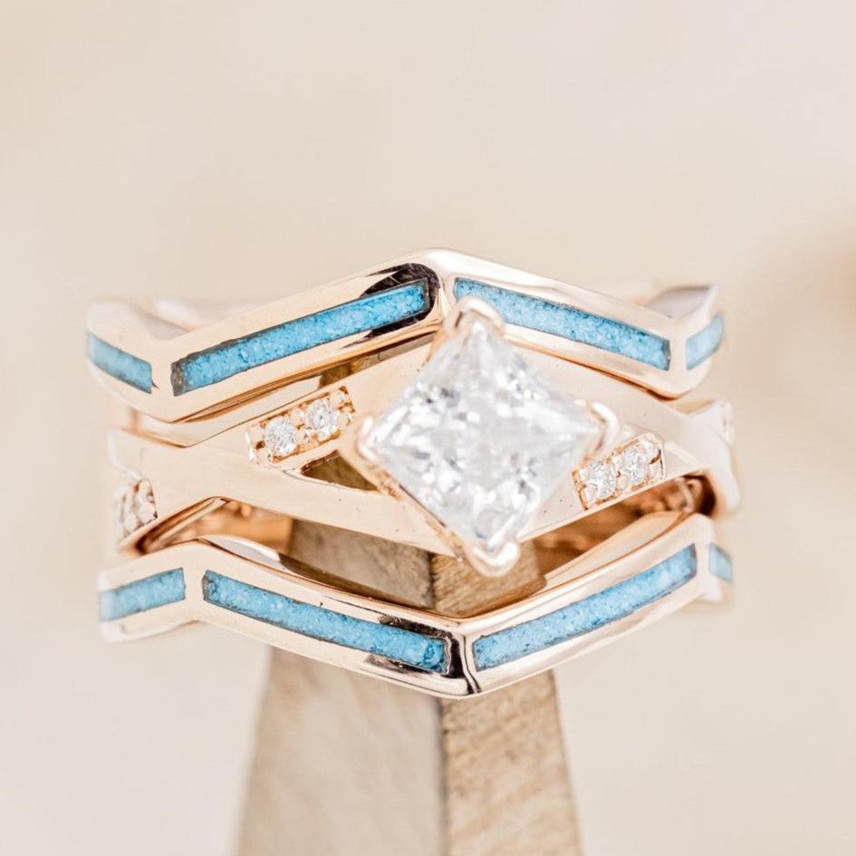 "LINA" - PRINCESS CUT MOISSANITE ENGAGEMENT RING WITH DIAMOND ACCENTS & TURQUOISE RING GUARD-1