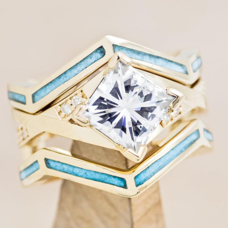 "LINA" - PRINCESS CUT MOISSANITE ENGAGEMENT RING WITH TURQUOISE RING GUARD-1