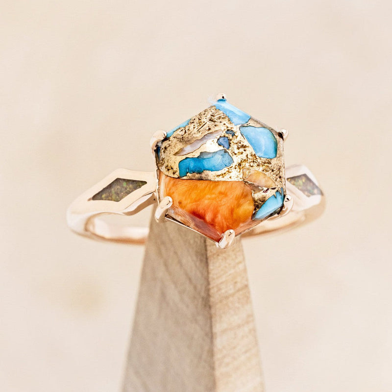 "LOVE STORY" - HEXAGON SPINY OYSTER TURQUOISE ENGAGEMENT RING WITH FIRE & ICE OPAL INLAYS-1