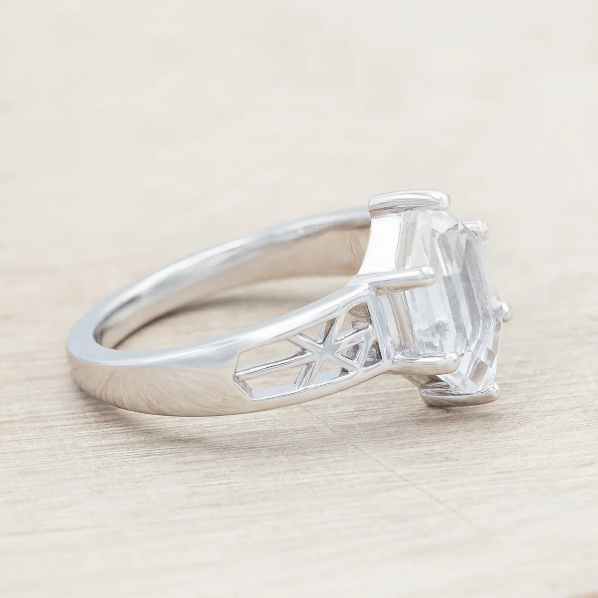 "Freya" - Love Bind Rune Engagement Ring With Elongated Hexagon Portrait Cut White Quartz - 14K White Gold - Size 7