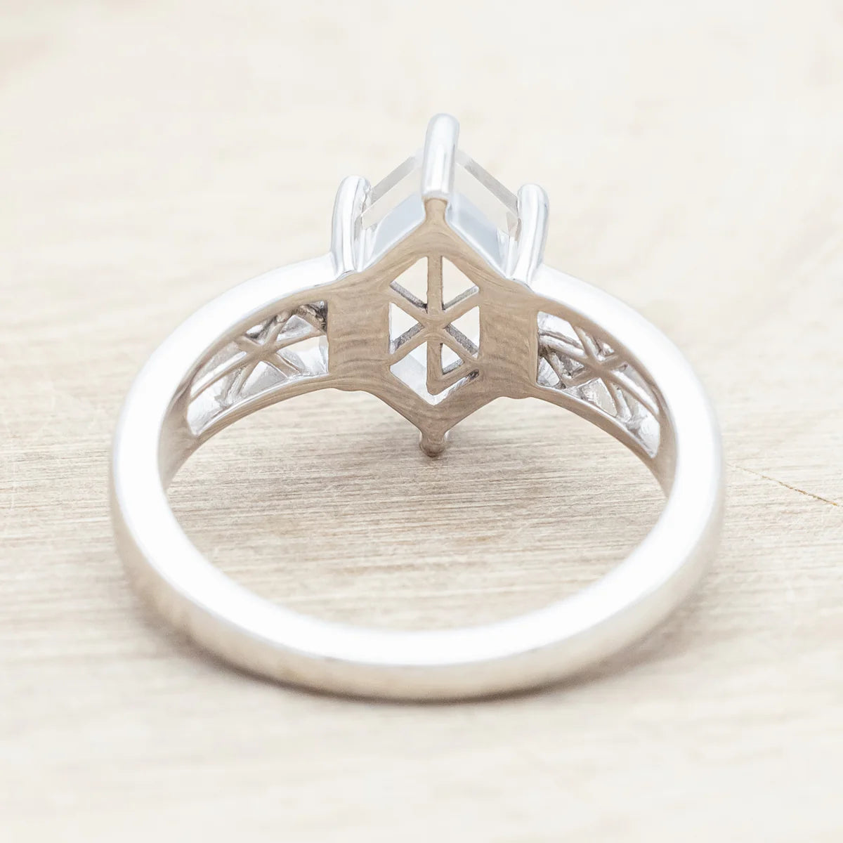 "Freya" - Love Bind Rune Engagement Ring With Elongated Hexagon Portrait Cut White Quartz - 14K White Gold - Size 7