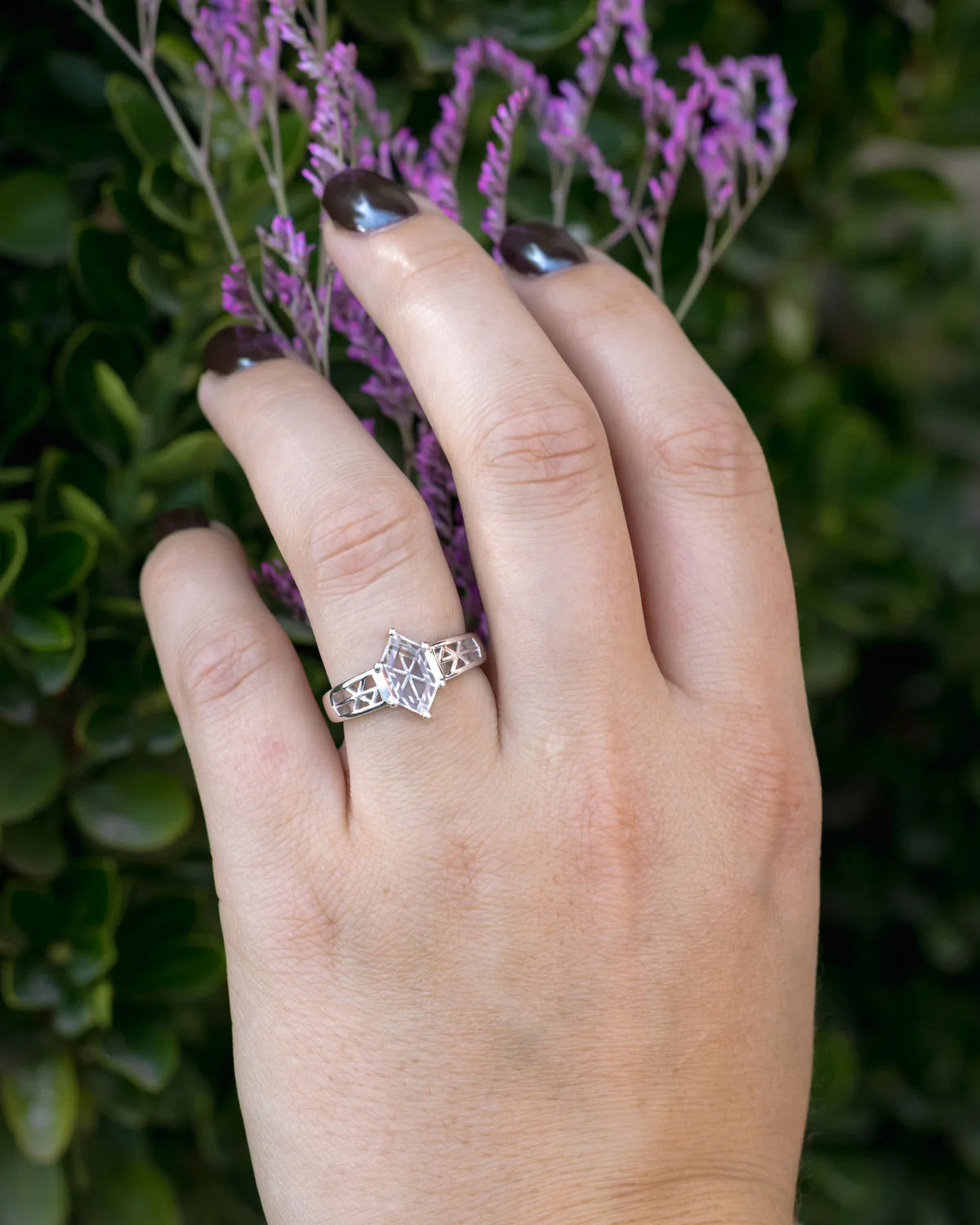"Freya" - Love Bind Rune Engagement Ring With Elongated Hexagon Portrait Cut White Quartz - 14K White Gold - Size 7
