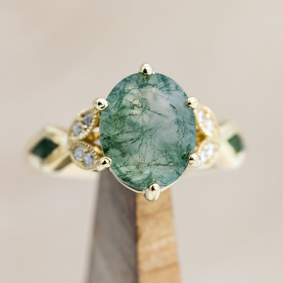 "LUCIA" - OVAL MOSS AGATE ENGAGEMENT RING WITH DIAMOND ACCENTS & MOSS INLAYS-Staghead Designs