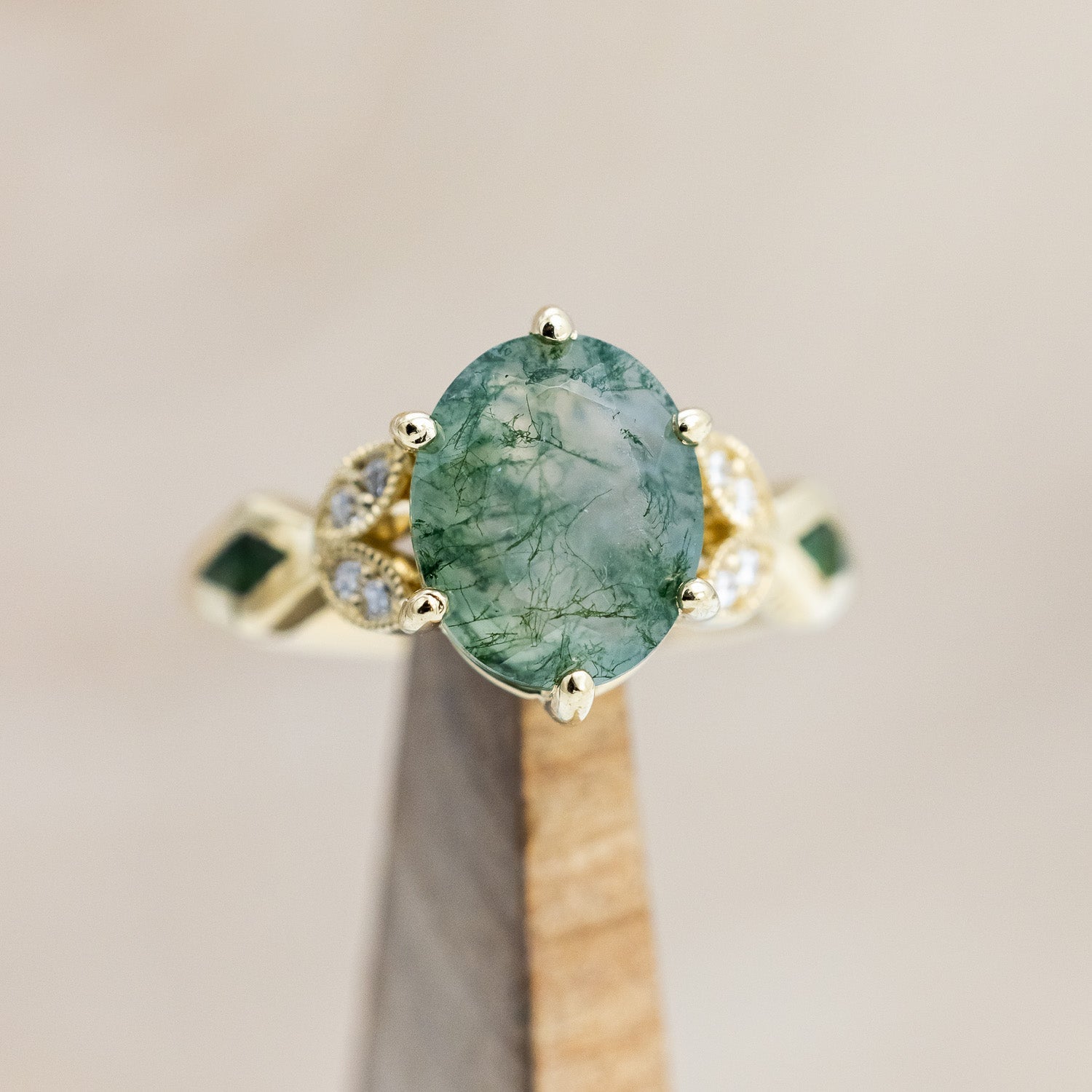 "LUCIA" - OVAL MOSS AGATE ENGAGEMENT RING WITH DIAMOND ACCENTS & MOSS INLAYS-Staghead Designs