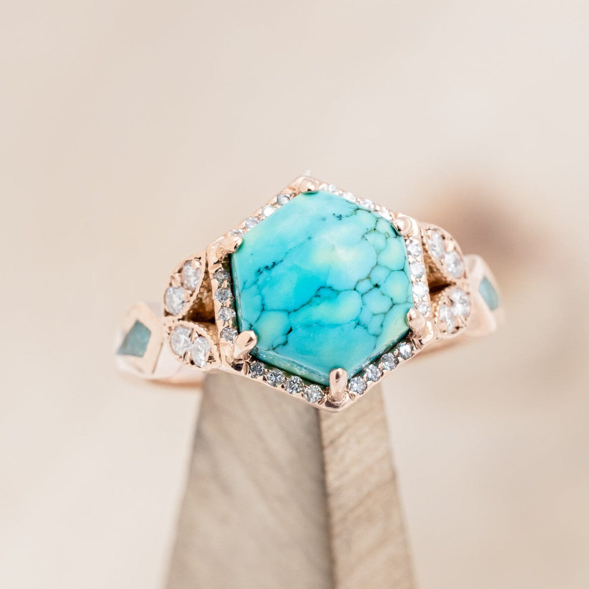 "LUCY IN THE SKY" - HEXAGON TURQUOISE ENGAGEMENT RING WITH DIAMOND ACCENTS & TURQUOISE INLAYS-1