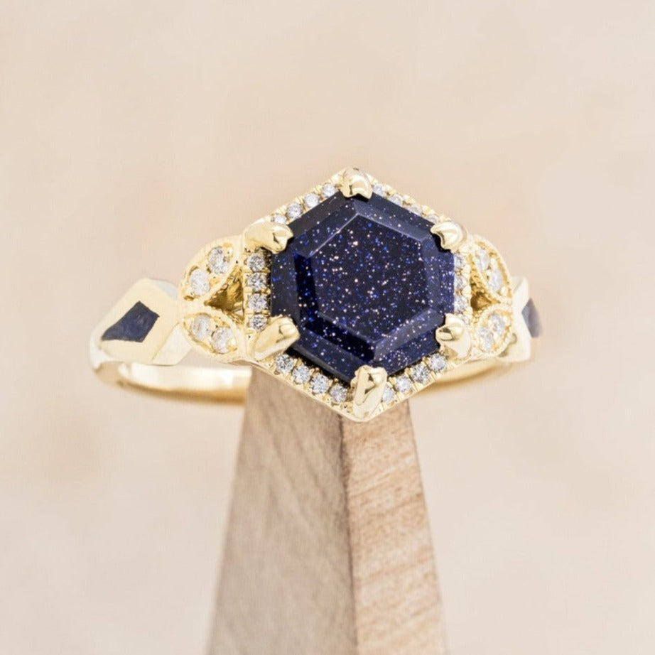 "LUCY IN THE SKY" - HEXAGON BLUE GOLDSTONE ENGAGEMENT RING WITH DIAMOND HALO & GOLDSTONE INLAYS-1
