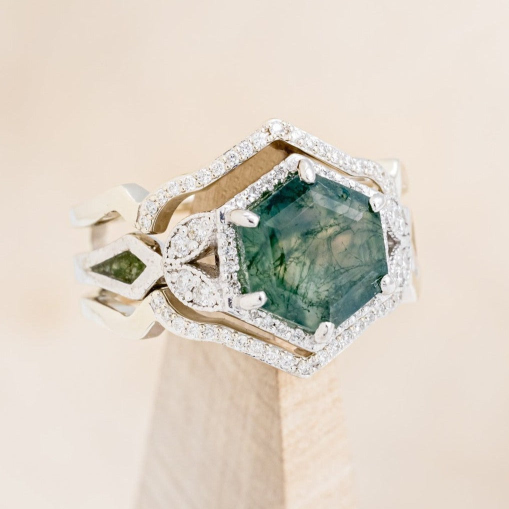 "LUCY IN THE SKY" - HEXAGON MOSS AGATE ENGAGEMENT RING WITH DIAMOND HALO, MOSS INLAYS & DIAMOND RING GUARD-1
