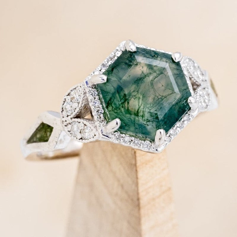 "LUCY IN THE SKY" - HEXAGON MOSS AGATE ENGAGEMENT RING WITH DIAMOND HALO & MOSS INLAYS-1