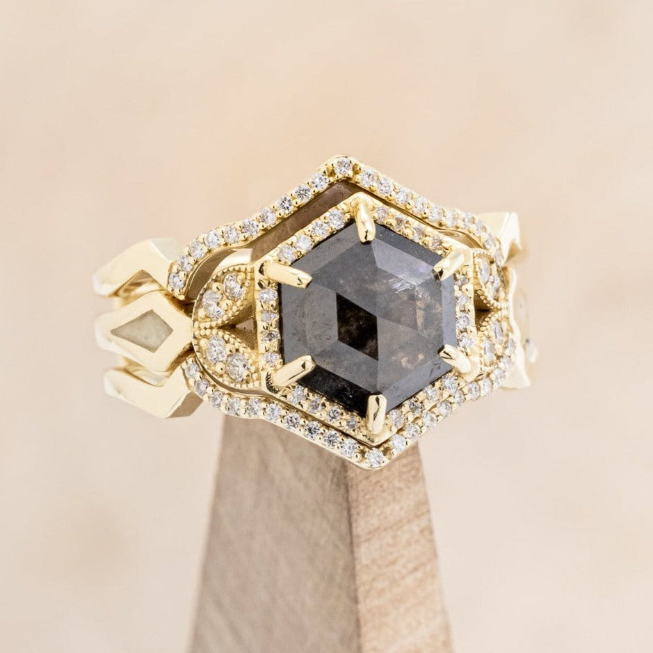 "LUCY IN THE SKY" - HEXAGON SALT & PEPPER DIAMOND ENGAGEMENT RING WITH DIAMOND ACCENTS, ANTLER INLAYS & RING GUARD-1