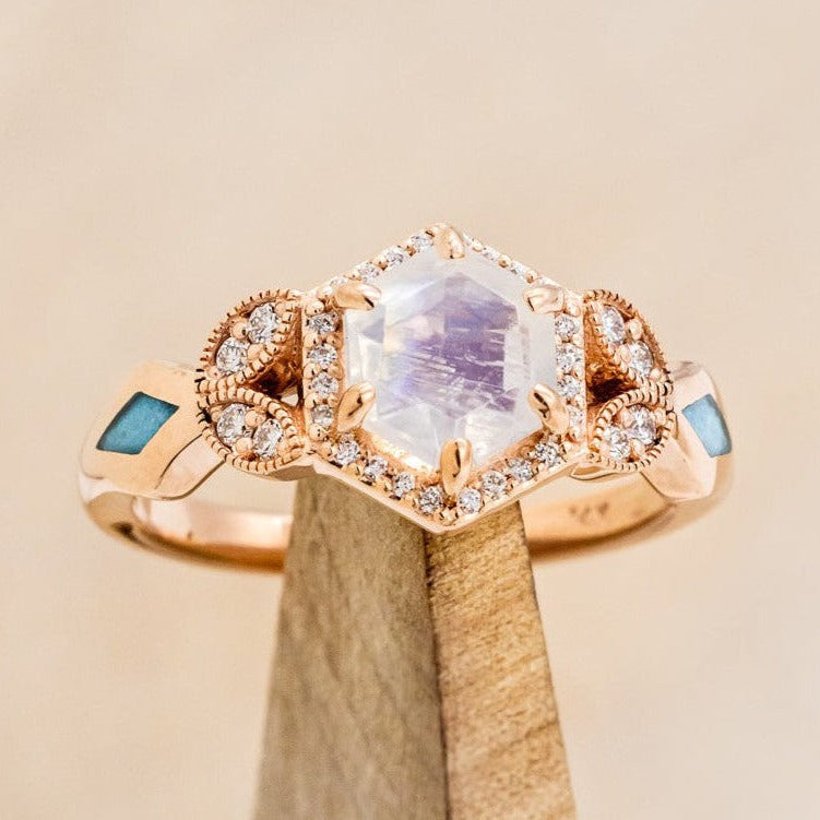 "LUCY IN THE SKY" PETITE - FACETED HEXAGON MOONSTONE ENGAGEMENT RING SET WITH DIAMOND ACCENTS & TURQUOISE INLAYS-1