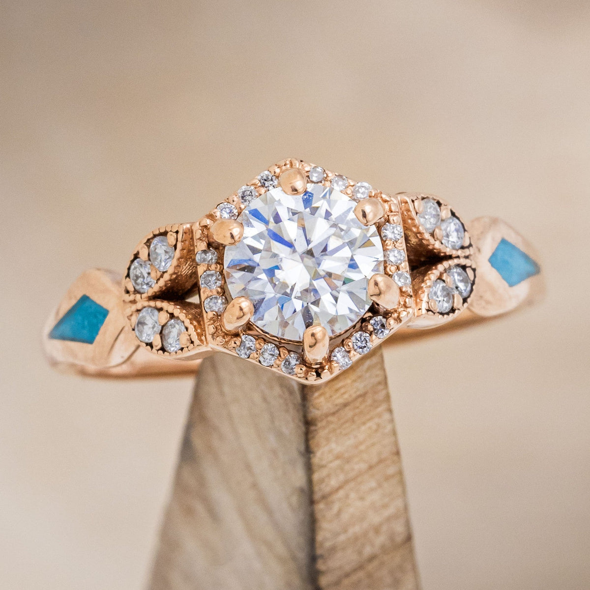 "LUCY IN THE SKY" PETITE - ROUND CUT MOISSANITE ENGAGEMENT RING WITH DIAMOND ACCENTS & TURQUOISE INLAYS-1