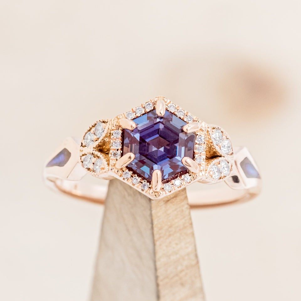 "LUCY IN THE SKY" PETITE - HEXAGON CUT LAB-GROWN ALEXANDRITE ENGAGEMENT RING WITH DIAMOND ACCENTS & COSMIC ACRYLIC INLAYS-1