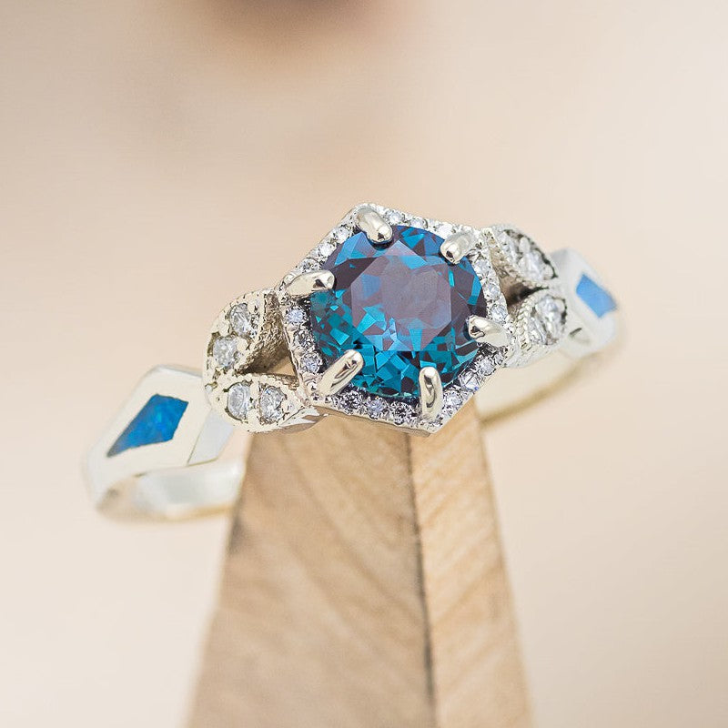"LUCY IN THE SKY" PETITE - ROUND CUT LAB-GROWN ALEXANDRITE ENGAGEMENT RING WITH DIAMOND ACCENTS & BLUE OPAL INLAYS-1