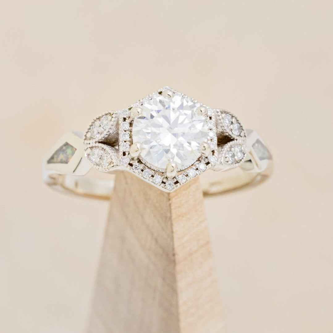 "LUCY IN THE SKY" PETITE - ROUND CUT MOISSANITE ENGAGEMENT RING WITH DIAMOND ACCENTS & FIRE & ICE OPAL INLAYS-1