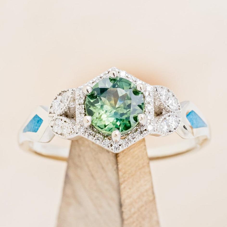 "LUCY IN THE SKY" PETITE - ROUND CUT MONTANA SAPPHIRE ENGAGEMENT RING WITH DIAMOND ACCENTS & TURQUOISE INLAYS-1