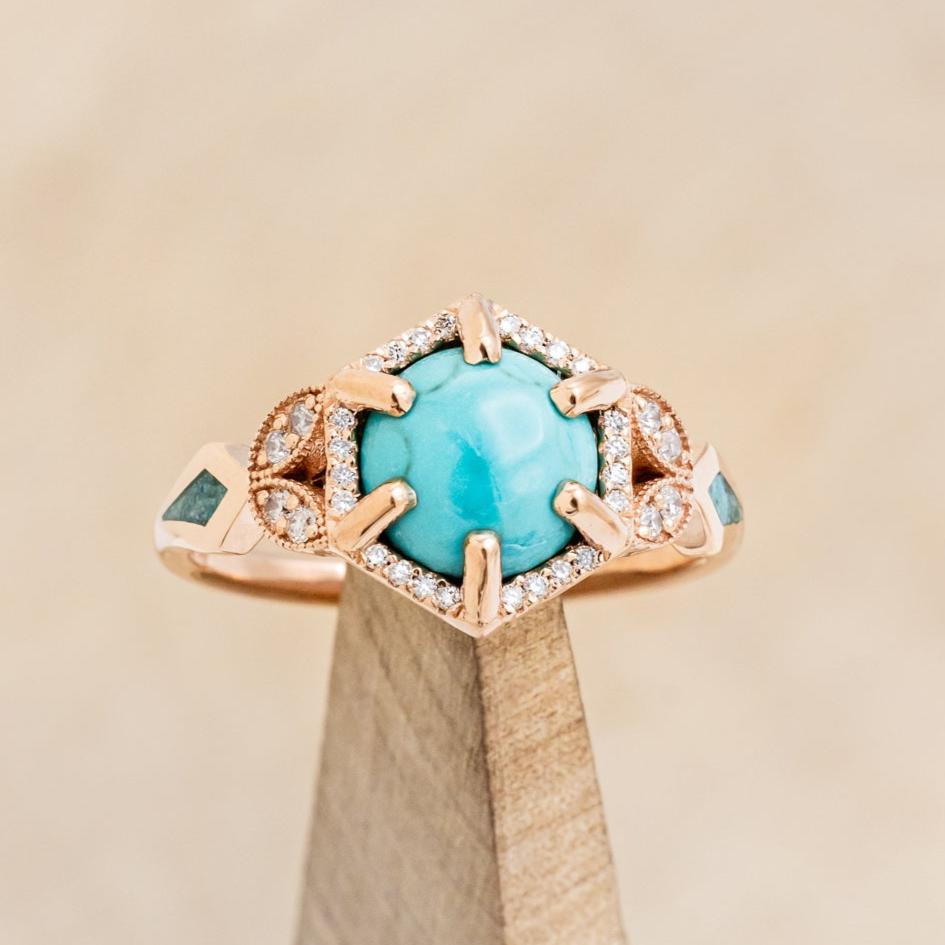 "LUCY IN THE SKY" - ROUND CABOCHON CUT TURQUOISE ENGAGEMENT RING WITH DIAMOND ACCENTS & TURQUOISE INLAY-Staghead Designs