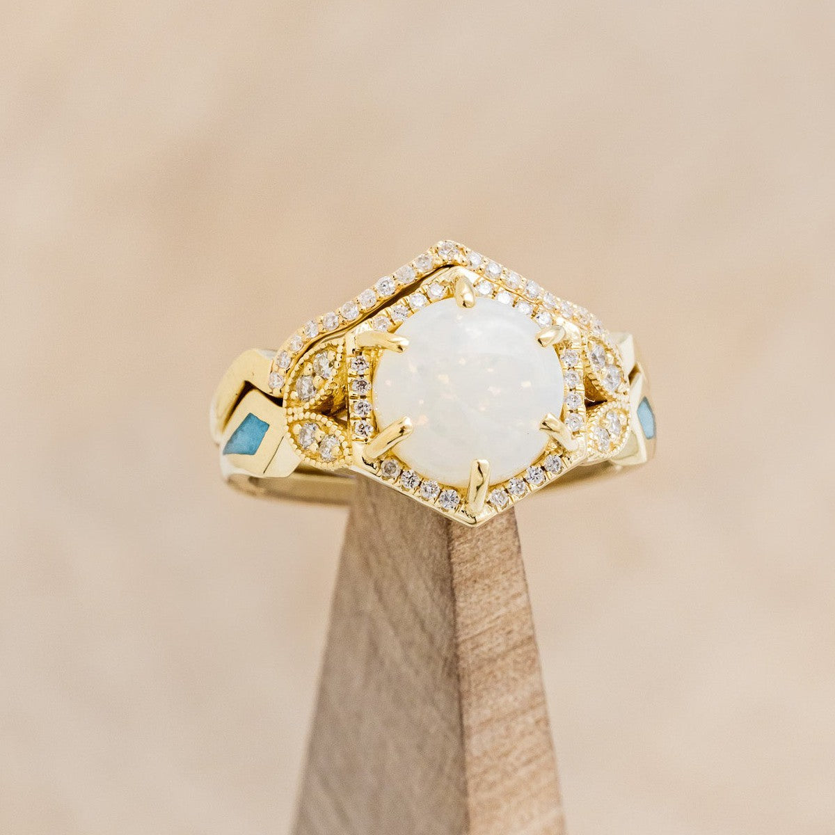 "LUCY IN THE SKY" - ROUND CUT WHITE OPAL ENGAGEMENT RING WITH DIAMOND ACCENTS & TURQUOISE INLAYS WITH DIAMOND TRACER-1