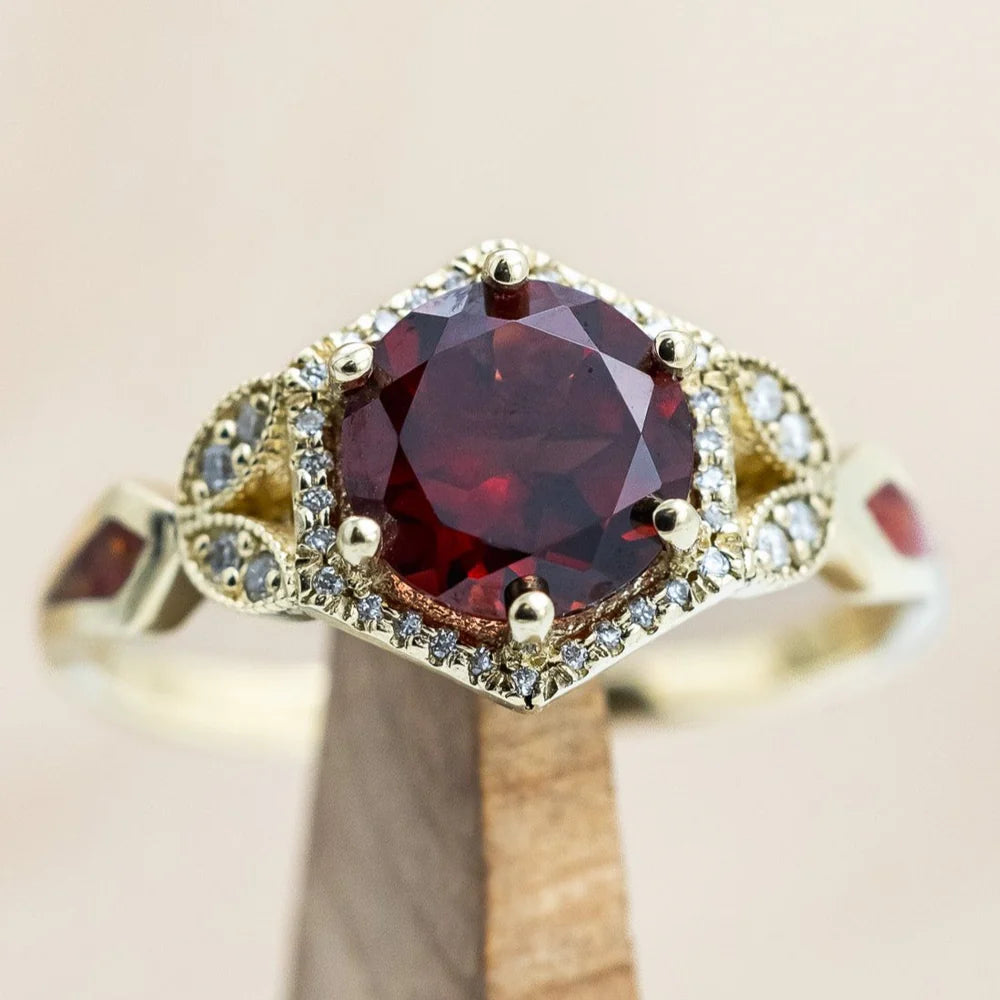 "LUCY IN THE SKY" - ROUND CUT GARNET ENGAGEMENT RING WITH DIAMOND ACCENTS & RED OPAL INLAYS - 14K YELLOW GOLD - SIZE 9 1/2-Staghead Designs