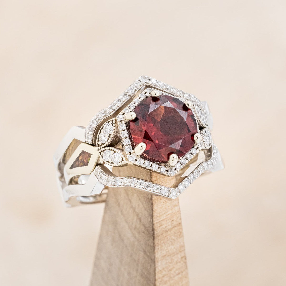 "LUCY IN THE SKY" - ROUND CUT GARNET ENGAGEMENT RING WITH DIAMOND ACCENTS, RED OPAL INLAYS & RING GUARD-1