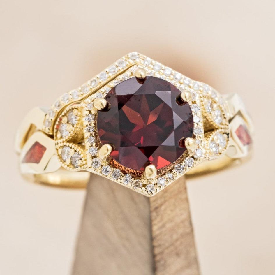 "LUCY IN THE SKY" - ROUND CUT GARNET ENGAGEMENT RING WITH DIAMOND ACCENTS, RED OPAL INLAYS WITH TRACER-1