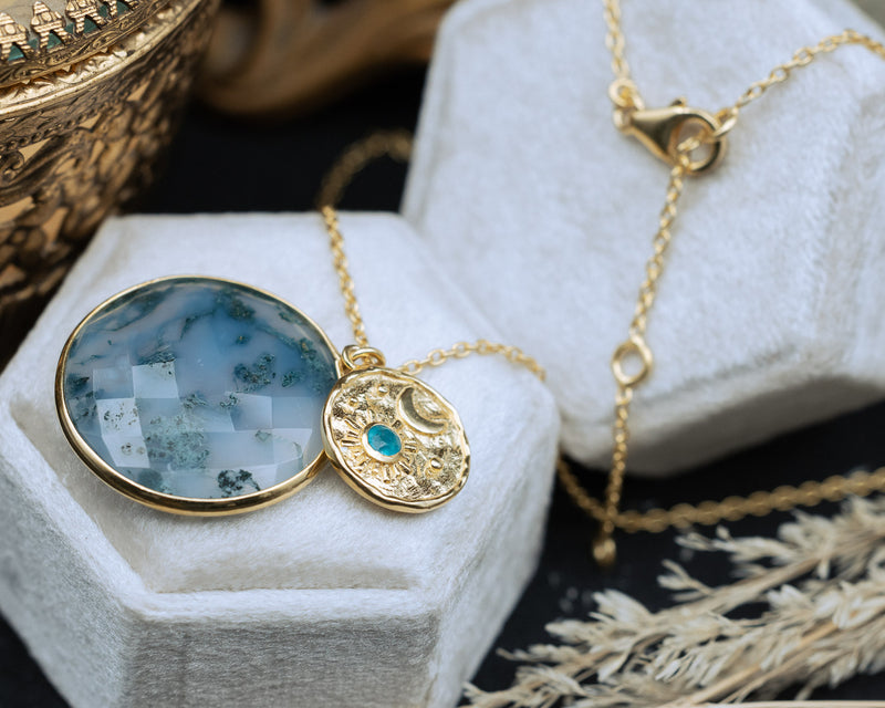 LUNA NECKLACE - 18K GOLD VERMEIL SILVER PENDANT WITH MOSS AGATE - BY JORGE REVILLA-Staghead Designs