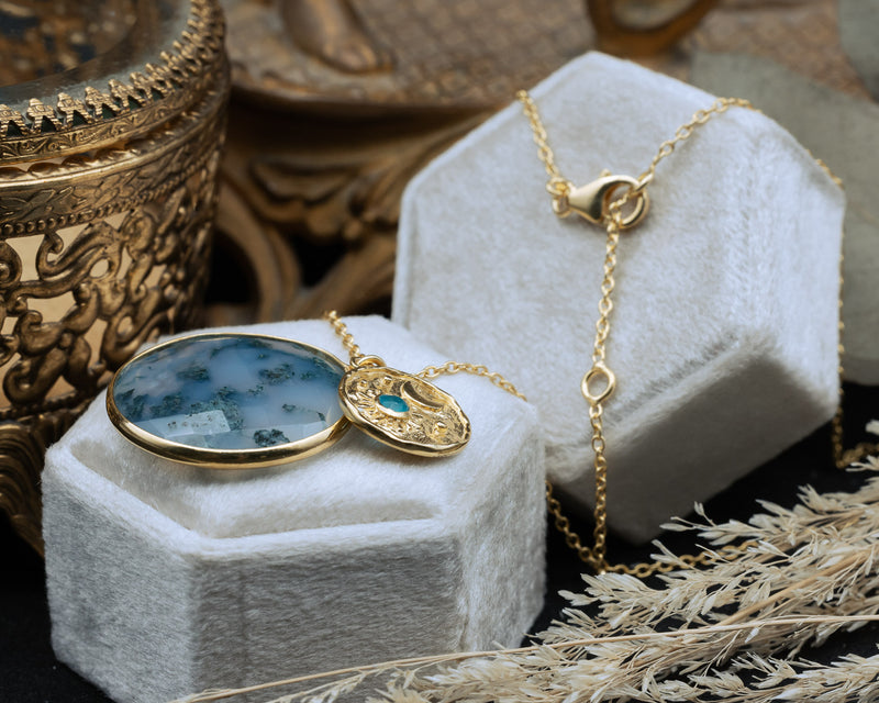 LUNA NECKLACE - 18K GOLD VERMEIL SILVER PENDANT WITH MOSS AGATE - BY JORGE REVILLA-Staghead Designs